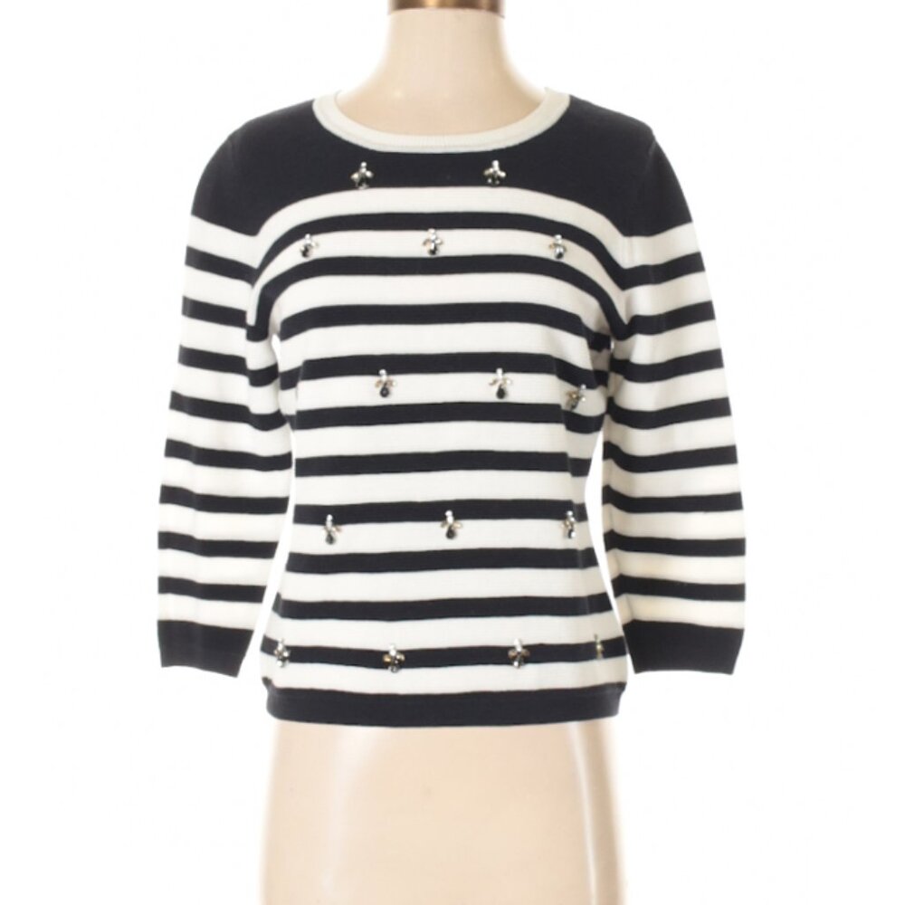 Per Se Black & White Striped Pullover Sweater with Bumble Bee Charms - Small